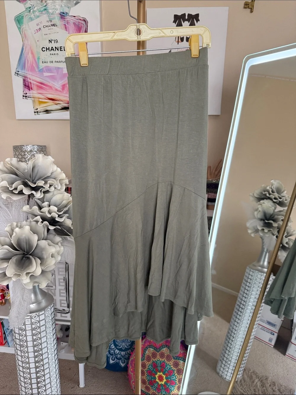 Ava & Viv Olive Green High-Low Ruffle Maxi Skirt